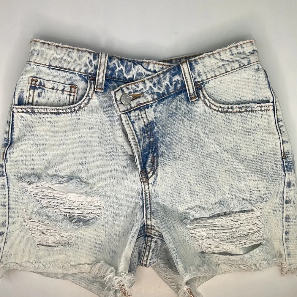 NEW Cello Acid Wash Asymmetrical Button Fly Jean Shorts Distressed XS